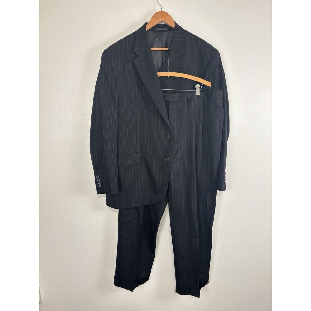 Chaps Ralph Lauren Mens 2 Piece Suit 48R 40x30 Navy Pinstripe 100% Wool Pleated